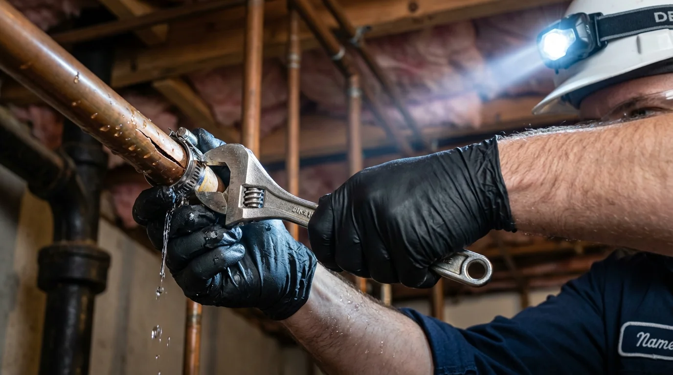 Emergency pipe clamp repair being performed by a Johns Plumbing LLC plumber in Munford
