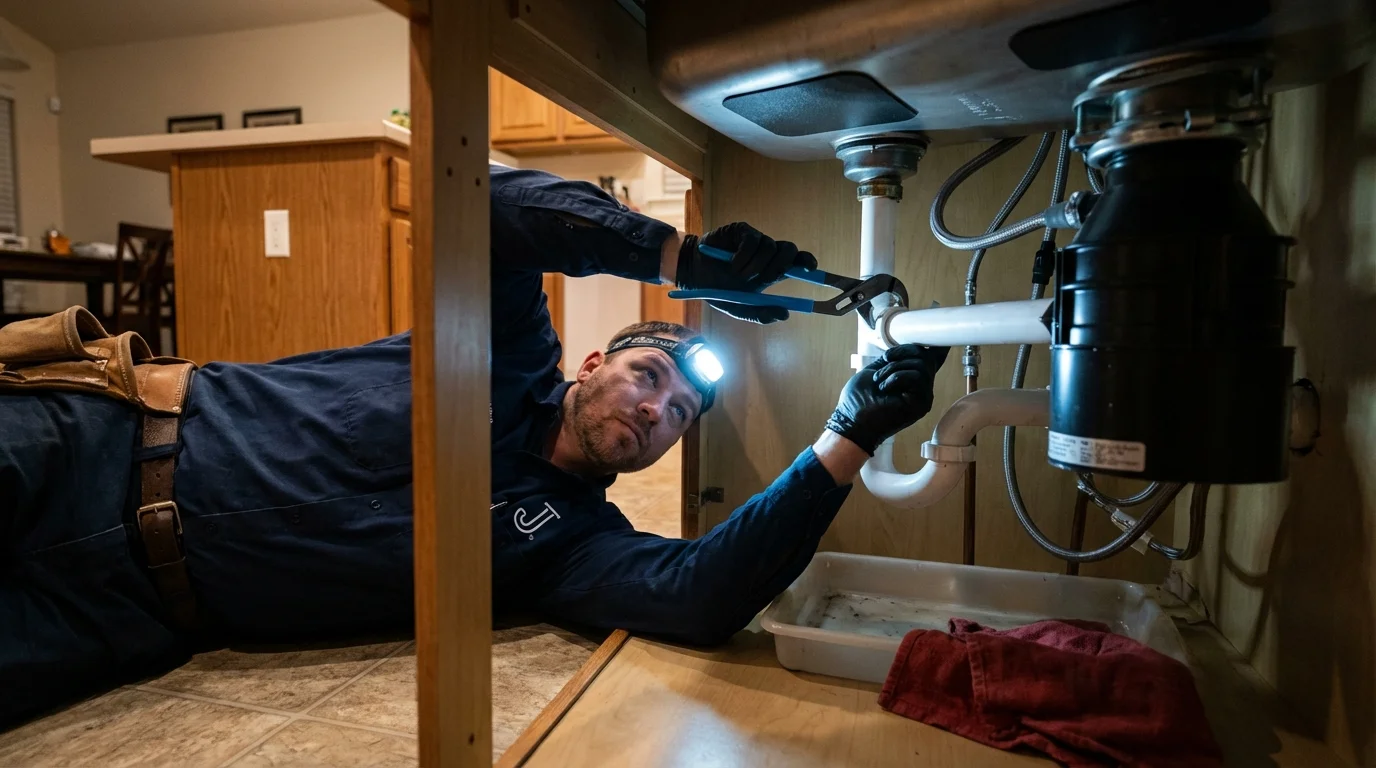 P-trap and supply line connections under a kitchen sink showing a common leak point in Munford, TN